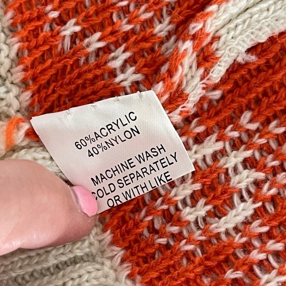 AZTEC PRINT LONG Open Knit Cardigan Sweater Southwest Orange Ivory Boho - Picture 9 of 10